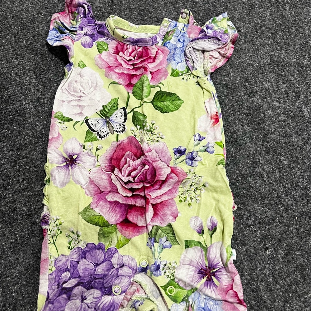 Posh Peanut Floral Butterfly Romper in Lime Green, Pink & Purple